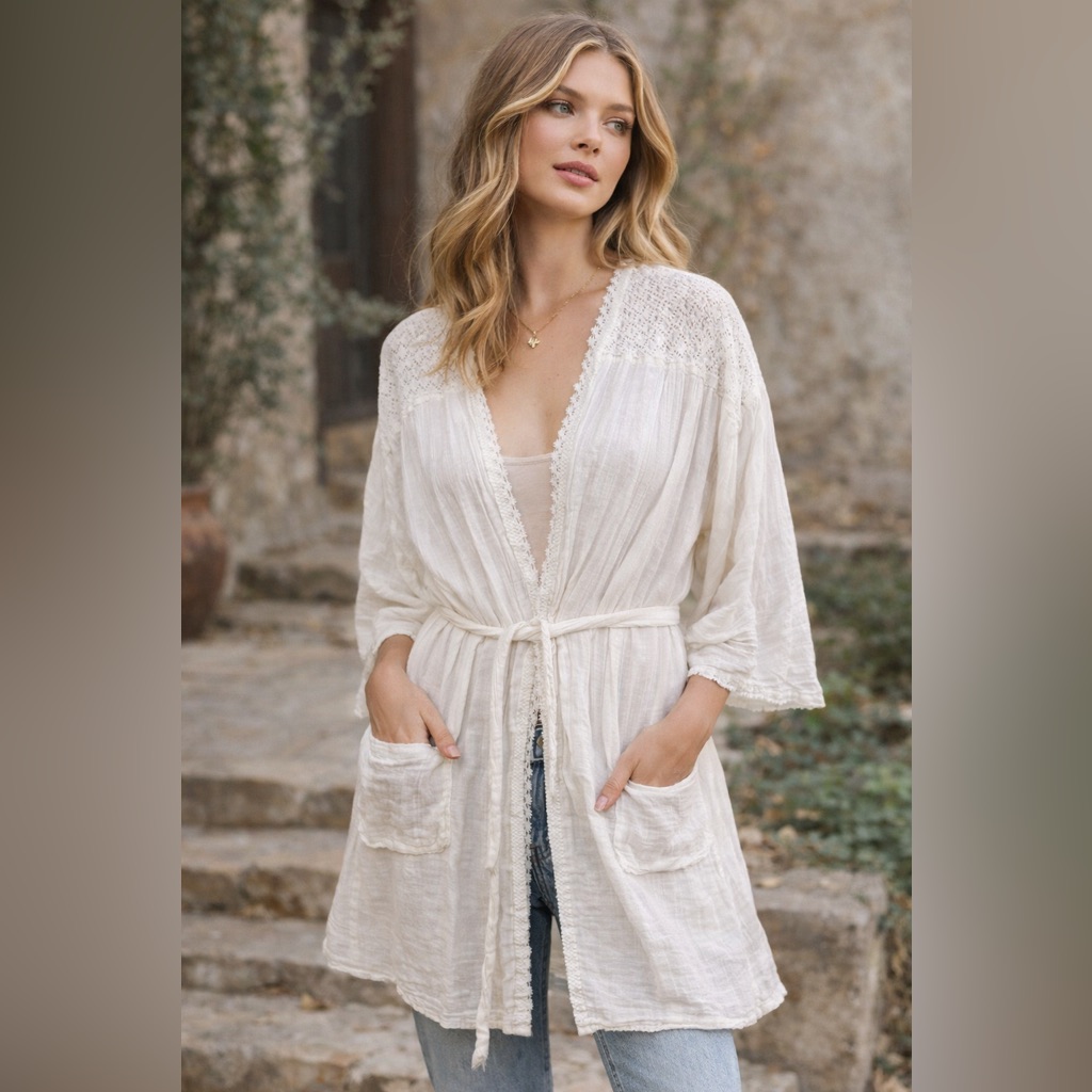 Boho Crochet Lace Kimono Robe Cardigan | Cottagecore |Vacation| Lagenlook M/L